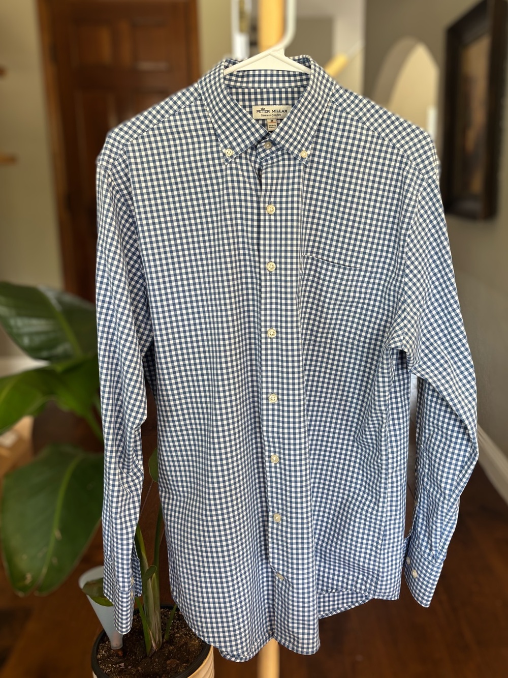 Peter Millar Blue White Gingham Check Dress Shirt Men's Medium